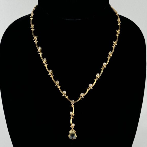 Vintage Gold and Vine, Y Necklance, Birolette Glass and Rhinestones, Pendant - Picture 8 of 14